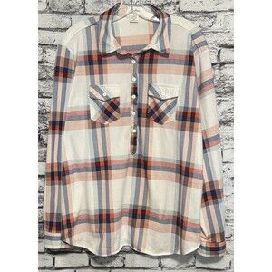 Love Potion Button Pullover Shirt Womens 3X Blue Plaid Long Sleeve Collar Pocket